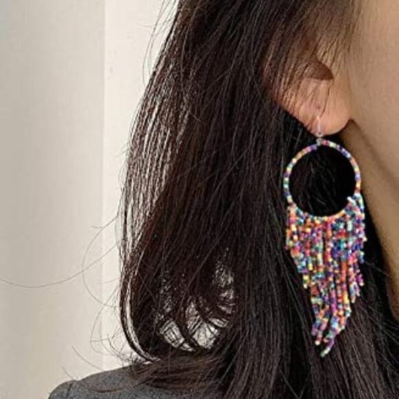 New Colorful Long Beaded Dangle Tassel Hook Earrings Multi Colors A0104 - Picture 14 of 15